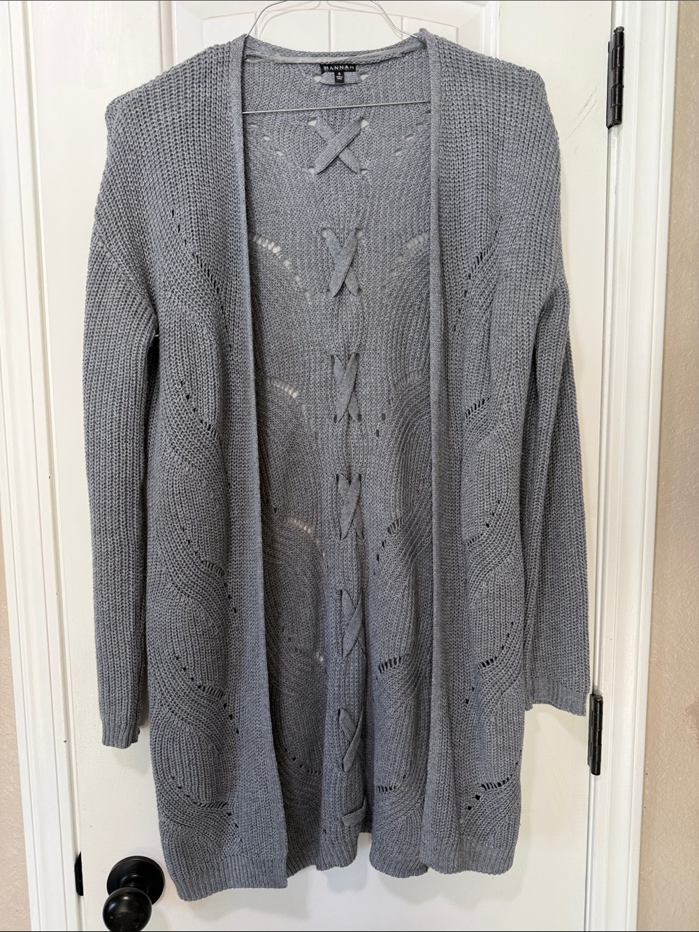 Hannah Light Gray Open-Front Knit Cardigan with Lace Detail